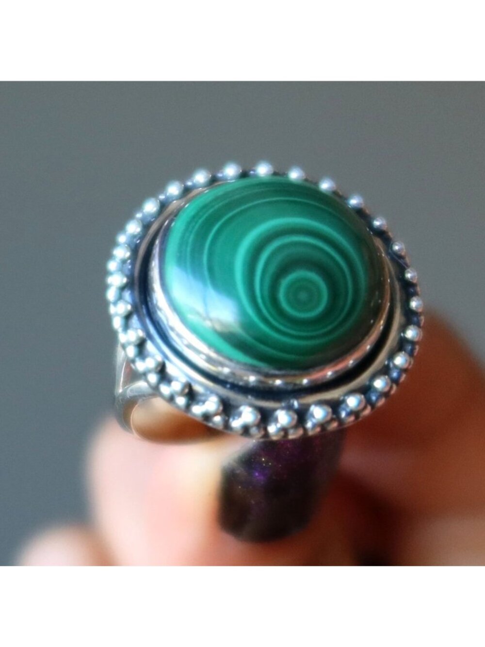 Malachite Ring Super Swirl Green Circle Gem Statement Sterling Silver Size 8.5